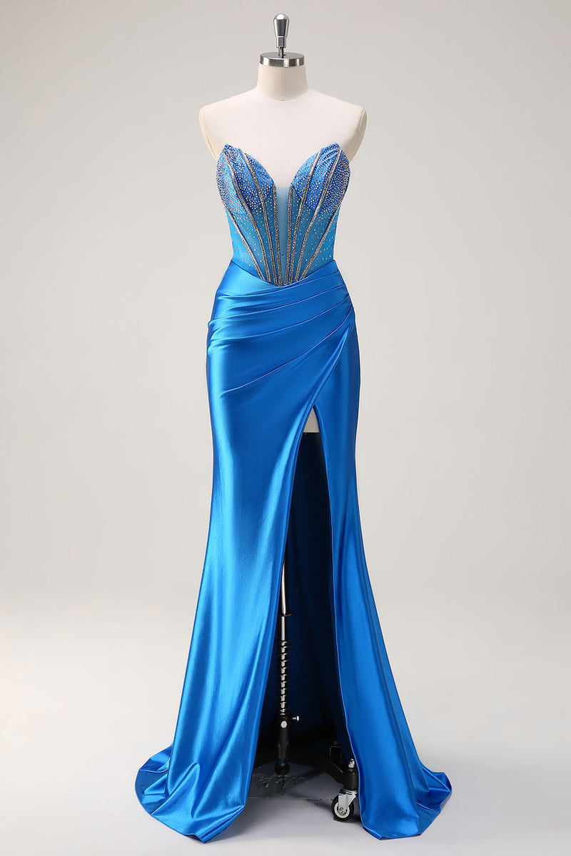 Load image into Gallery viewer, Blue Mermaid Strapless Beaded Corset Prom Dress with Slit