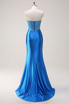 Blue Mermaid Strapless Beaded Corset Prom Dress with Slit