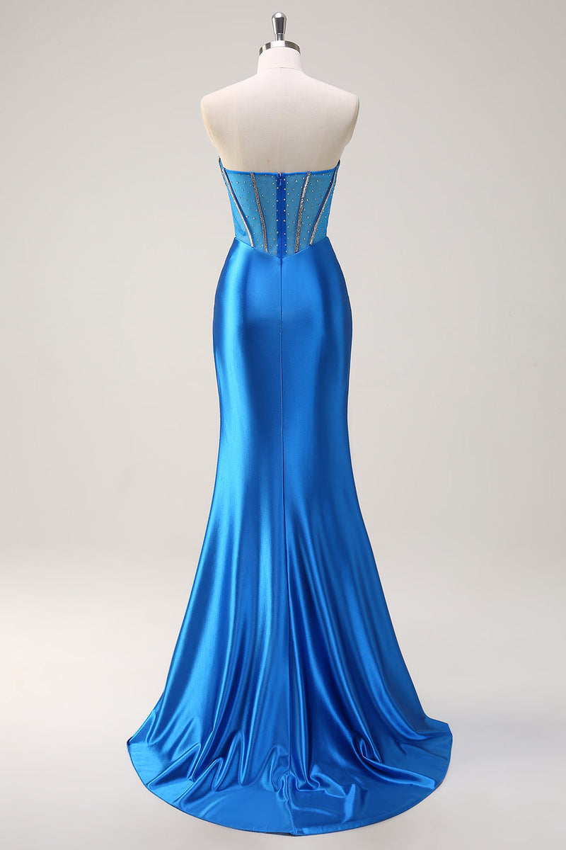 Load image into Gallery viewer, Blue Mermaid Strapless Beaded Corset Prom Dress with Slit