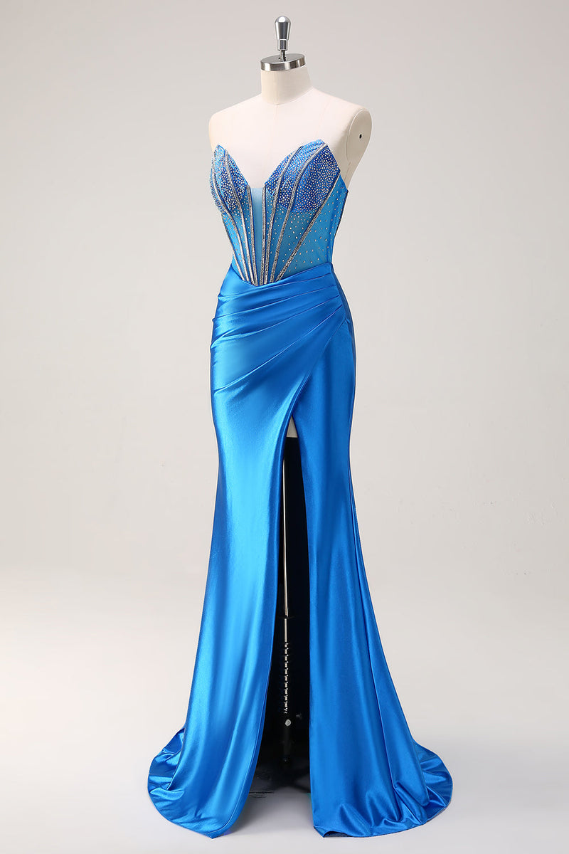 Load image into Gallery viewer, Blue Mermaid Strapless Beaded Corset Prom Dress with Slit