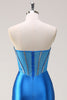 Load image into Gallery viewer, Blue Mermaid Strapless Beaded Corset Prom Dress with Slit