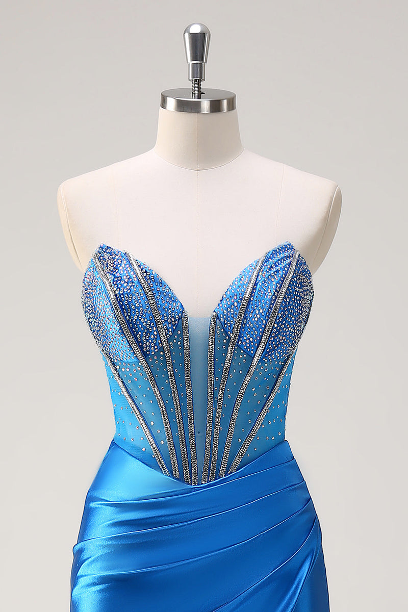 Load image into Gallery viewer, Blue Mermaid Strapless Beaded Corset Prom Dress with Slit