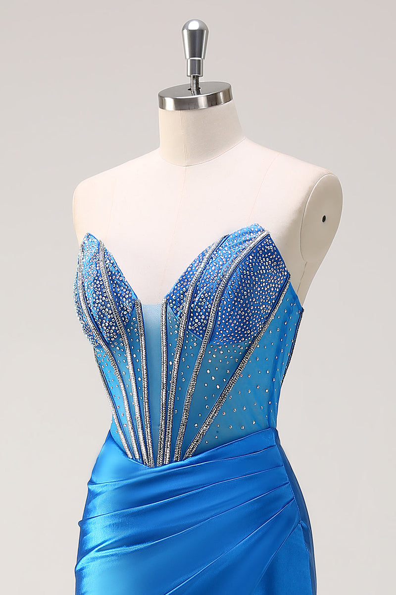 Load image into Gallery viewer, Blue Mermaid Strapless Beaded Corset Prom Dress with Slit