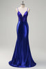 Load image into Gallery viewer, Royal Blue Mermaid V-Neck Beaded Satin Prom Dress With Open Back