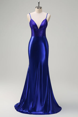 Royal Blue Mermaid V-Neck Beaded Satin Prom Dress With Open Back