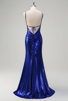 Royal Blue Mermaid V-Neck Beaded Satin Prom Dress With Open Back