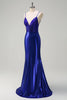 Load image into Gallery viewer, Royal Blue Mermaid V-Neck Beaded Satin Prom Dress With Open Back