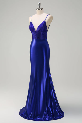 Royal Blue Mermaid V-Neck Beaded Satin Prom Dress With Open Back