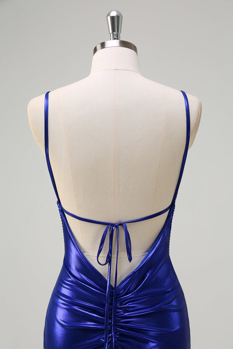 Load image into Gallery viewer, Royal Blue Mermaid V-Neck Beaded Satin Prom Dress With Open Back