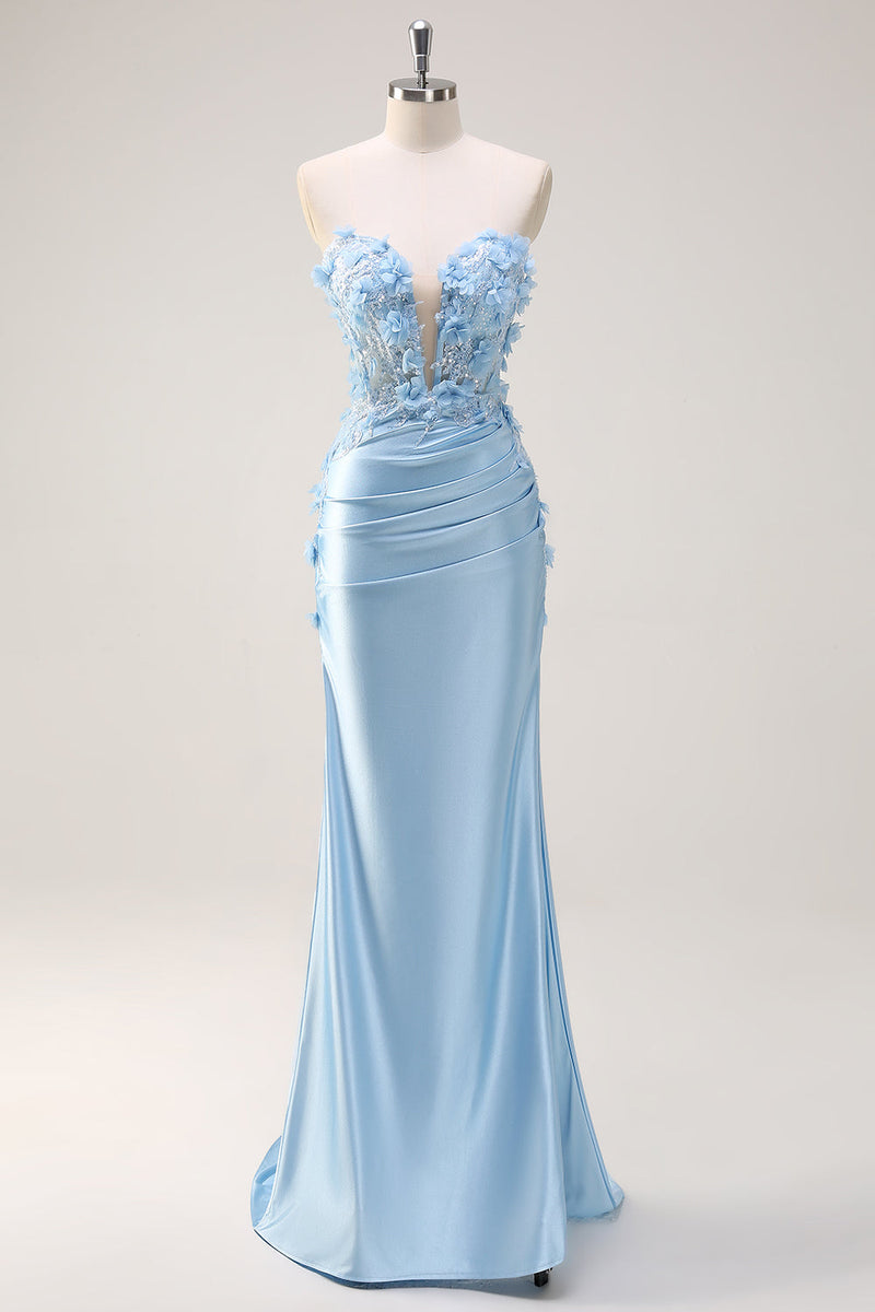 Load image into Gallery viewer, Sky Blue Mermaid Strapless Sequin Prom Dress With Appliques