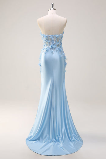 Sky Blue Mermaid Strapless Sequin Prom Dress With Appliques