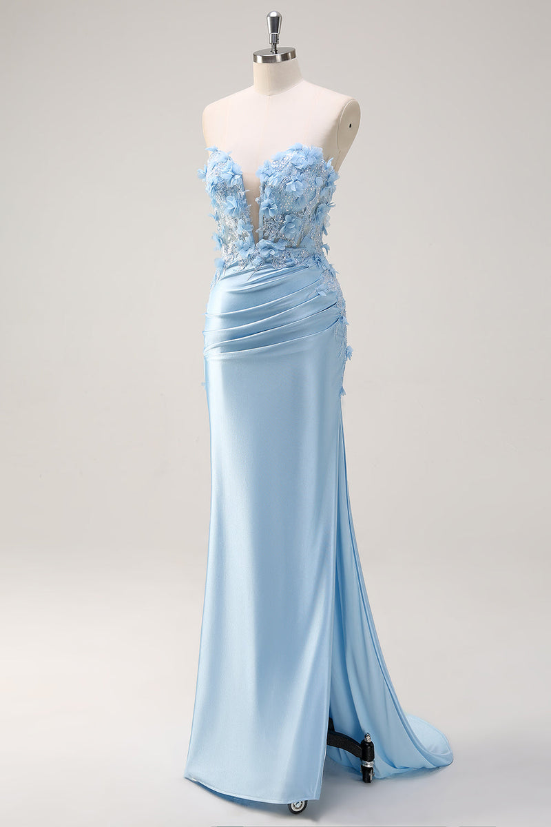 Load image into Gallery viewer, Sky Blue Mermaid Strapless Sequin Prom Dress With Appliques