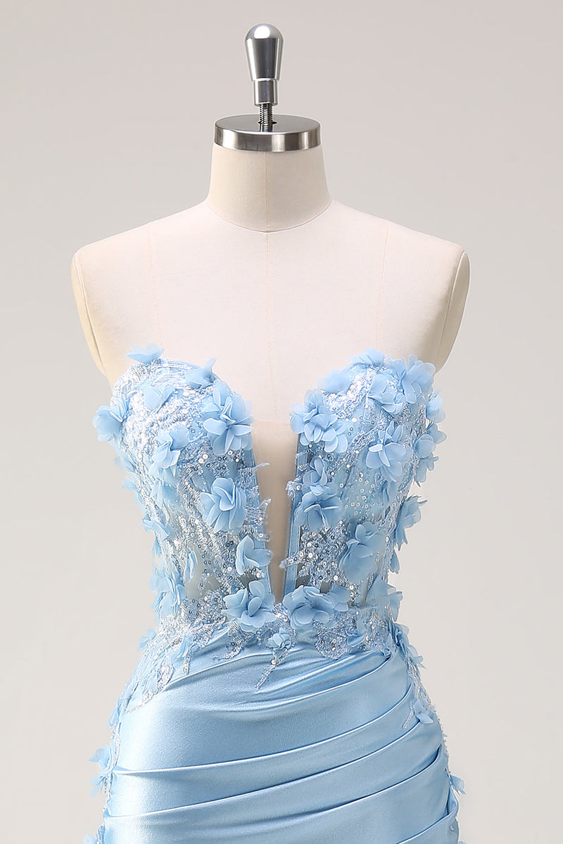 Load image into Gallery viewer, Sky Blue Mermaid Strapless Sequin Prom Dress With Appliques