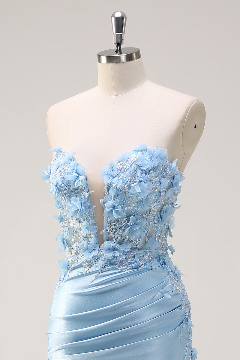 Load image into Gallery viewer, Sky Blue Mermaid Strapless Sequin Prom Dress With Appliques