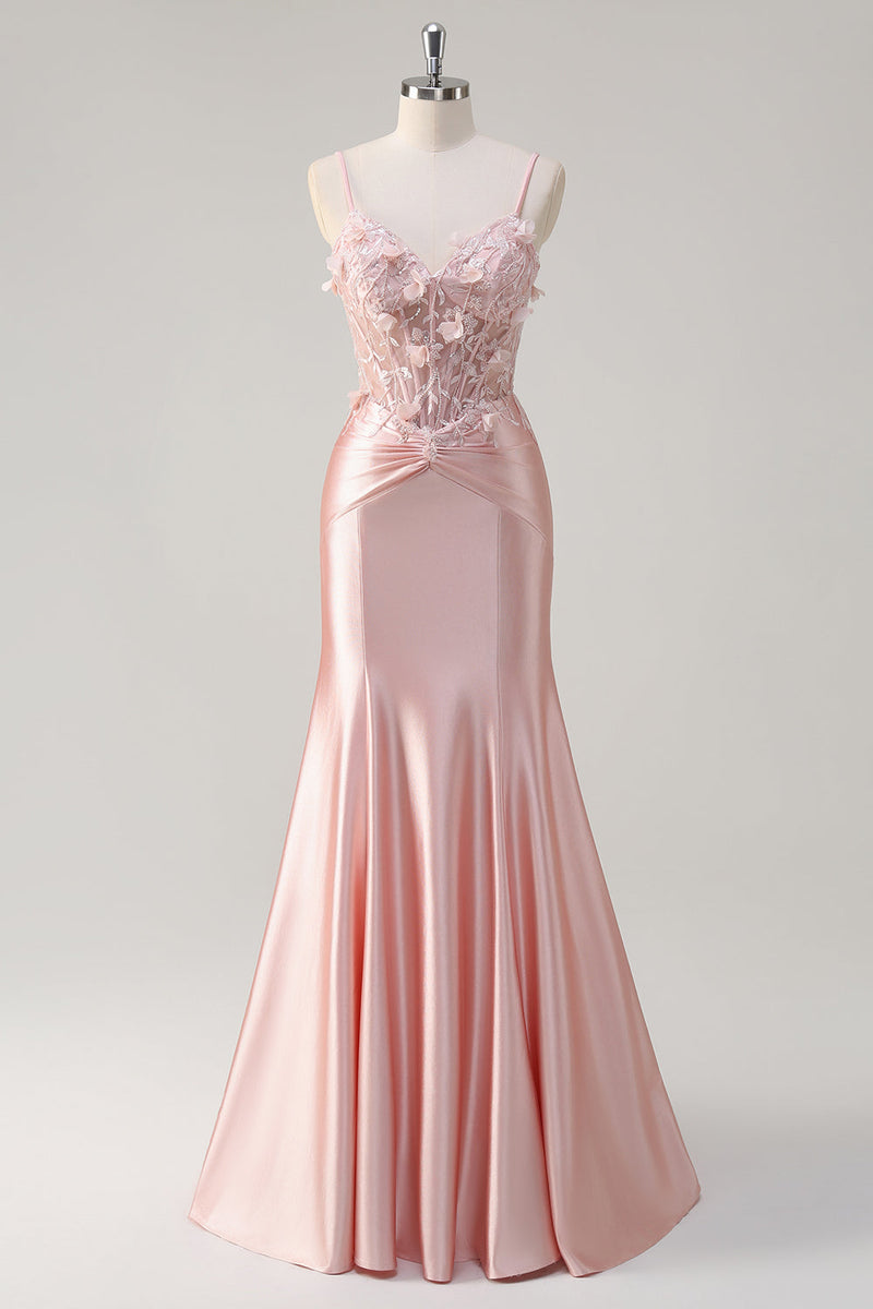 Load image into Gallery viewer, Pink Mermaid Spaghetti Straps Corset Flowers Satin Long Prom Dress