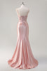 Load image into Gallery viewer, Pink Mermaid Spaghetti Straps Corset Flowers Satin Long Prom Dress