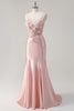 Load image into Gallery viewer, Pink Mermaid Spaghetti Straps Corset Flowers Satin Long Prom Dress