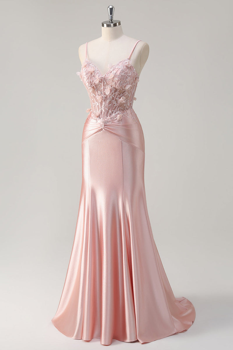 Load image into Gallery viewer, Pink Mermaid Spaghetti Straps Corset Flowers Satin Long Prom Dress