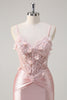 Load image into Gallery viewer, Pink Mermaid Spaghetti Straps Corset Flowers Satin Long Prom Dress