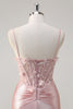 Load image into Gallery viewer, Pink Mermaid Spaghetti Straps Corset Flowers Satin Long Prom Dress