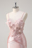 Load image into Gallery viewer, Pink Mermaid Spaghetti Straps Corset Flowers Satin Long Prom Dress