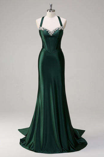 Sparkly Dark Green Mermaid Halter Corset Sequin Prom Dress