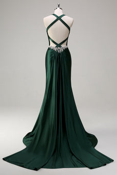 Sparkly Dark Green Mermaid Halter Corset Sequin Prom Dress