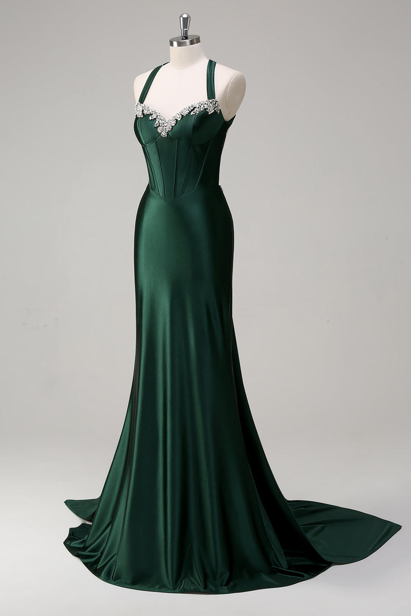 Load image into Gallery viewer, Sparkly Dark Green Mermaid Halter Corset Sequin Prom Dress