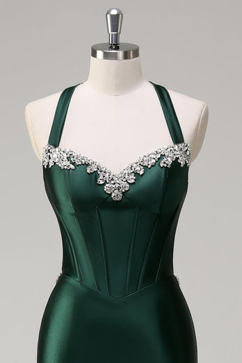 Sparkly Dark Green Mermaid Halter Corset Sequin Prom Dress