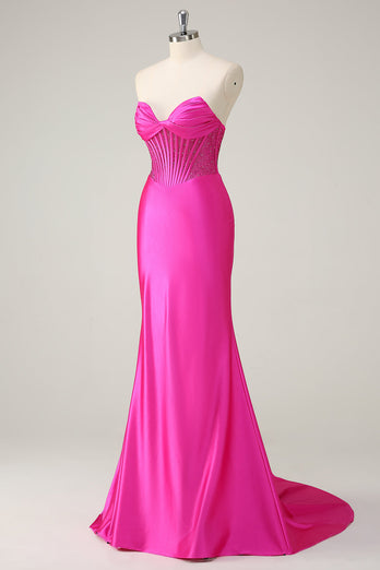 Fuchsia Mermaid Strapless Corset Prom Dress