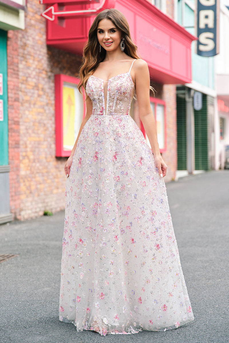 Load image into Gallery viewer, Stylish Pink A Line Spaghetti Straps Floral Beaded Prom Dress with Lace Up Back