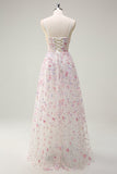 Pink A Line Spaghetti Straps Floral Sequin Prom Dress