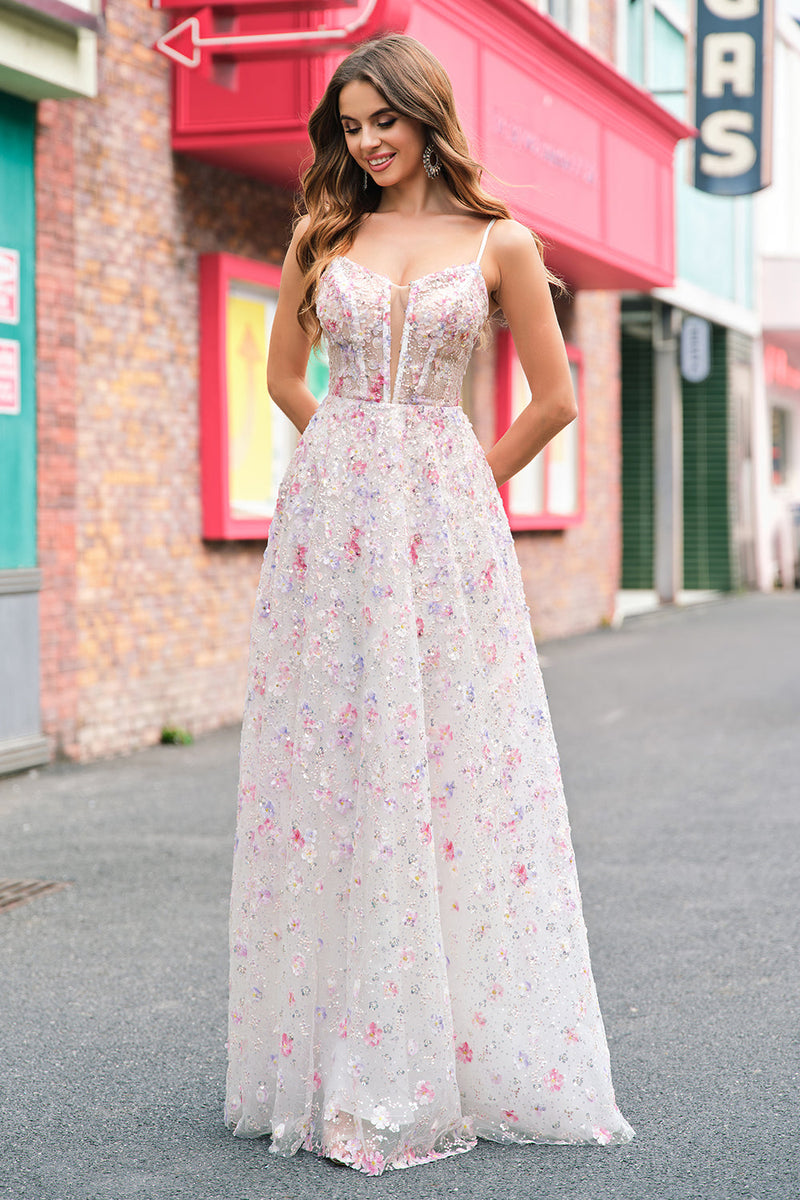 Load image into Gallery viewer, Stylish Pink A Line Spaghetti Straps Floral Beaded Prom Dress with Lace Up Back