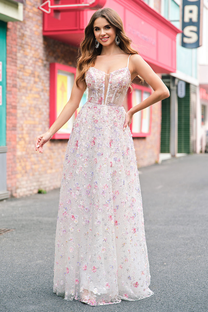 Load image into Gallery viewer, Stylish Pink A Line Spaghetti Straps Floral Beaded Prom Dress with Lace Up Back