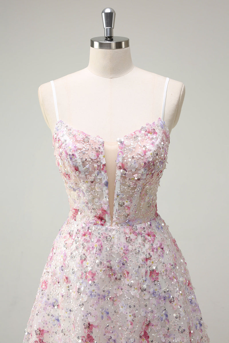 Load image into Gallery viewer, Pink A Line Spaghetti Straps Floral Sequin Prom Dress