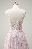 Pink A Line Spaghetti Straps Floral Sequin Prom Dress