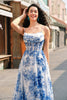 Load image into Gallery viewer, White Blue Flower A-Line Spaghetti Straps Ruched Corset Long Prom Dress With Slit