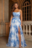 White Blue Flower Spaghetti Straps Corset Long Plus Size Prom Dress with Slit
