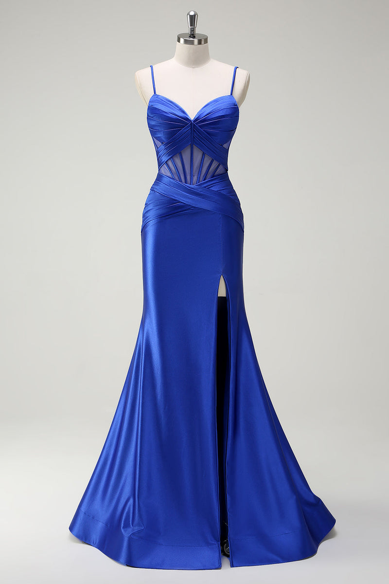 Load image into Gallery viewer, Royal Blue Mermaid Spaghetti Straps Satin Corset Long Prom Dress with Slit