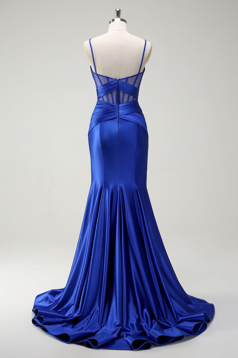 Load image into Gallery viewer, Royal Blue Mermaid Spaghetti Straps Satin Corset Long Prom Dress with Slit