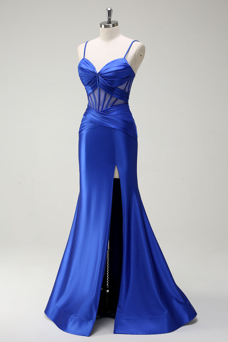 Load image into Gallery viewer, Royal Blue Mermaid Spaghetti Straps Satin Corset Long Prom Dress with Slit