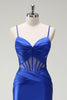 Load image into Gallery viewer, Royal Blue Mermaid Spaghetti Straps Satin Corset Long Prom Dress with Slit