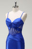 Load image into Gallery viewer, Royal Blue Mermaid Spaghetti Straps Satin Corset Long Prom Dress with Slit