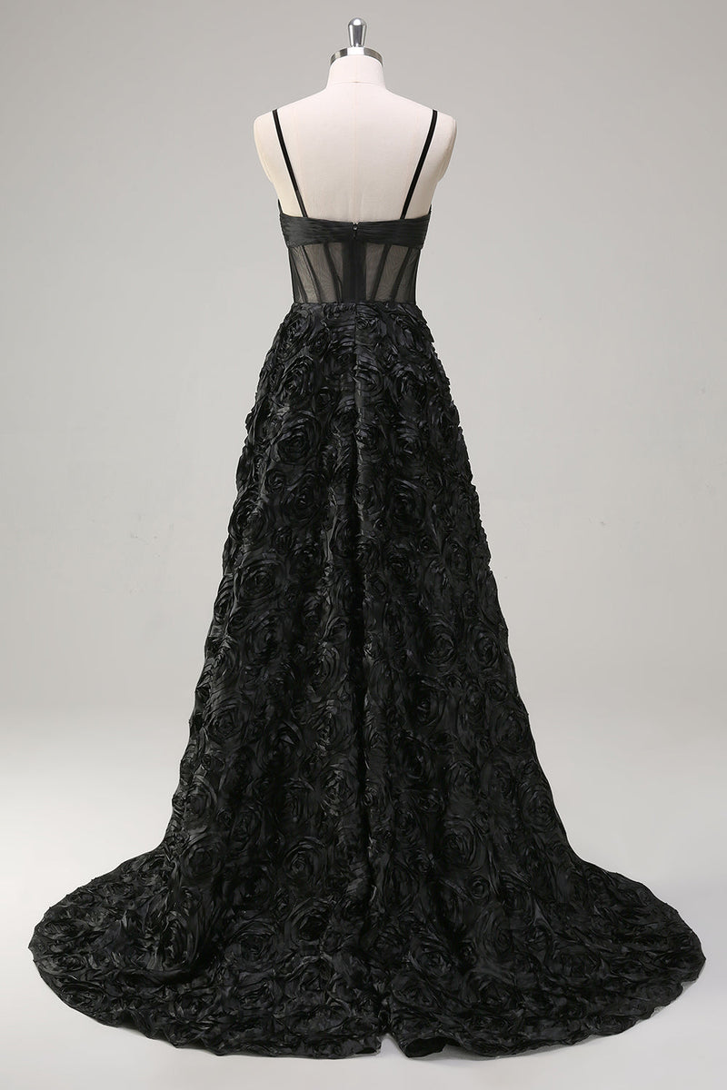 Load image into Gallery viewer, Elegant Black A Line 3D Floral Ball Gown with Sheer Corset