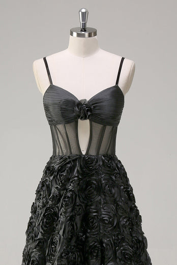 Elegant Black A Line 3D Floral Ball Gown with Sheer Corset