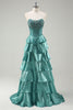 Load image into Gallery viewer, Tiered Ruffles Peacock Green Strapless Long Prom Dress with Beading