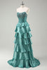 Load image into Gallery viewer, Tiered Ruffles Peacock Green Strapless Long Prom Dress with Beading