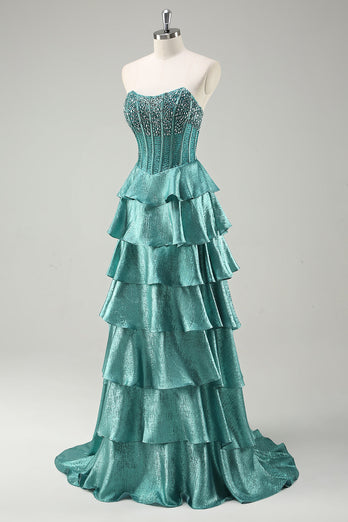 Tiered Ruffles Peacock Green Strapless Long Prom Dress with Beading