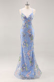 Sparkly Light Green Mermaid Sequins Spaghetti Straps Long Prom Dress with Appliques
