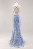 Sparkly Light Green Mermaid Sequins Spaghetti Straps Long Prom Dress with Appliques